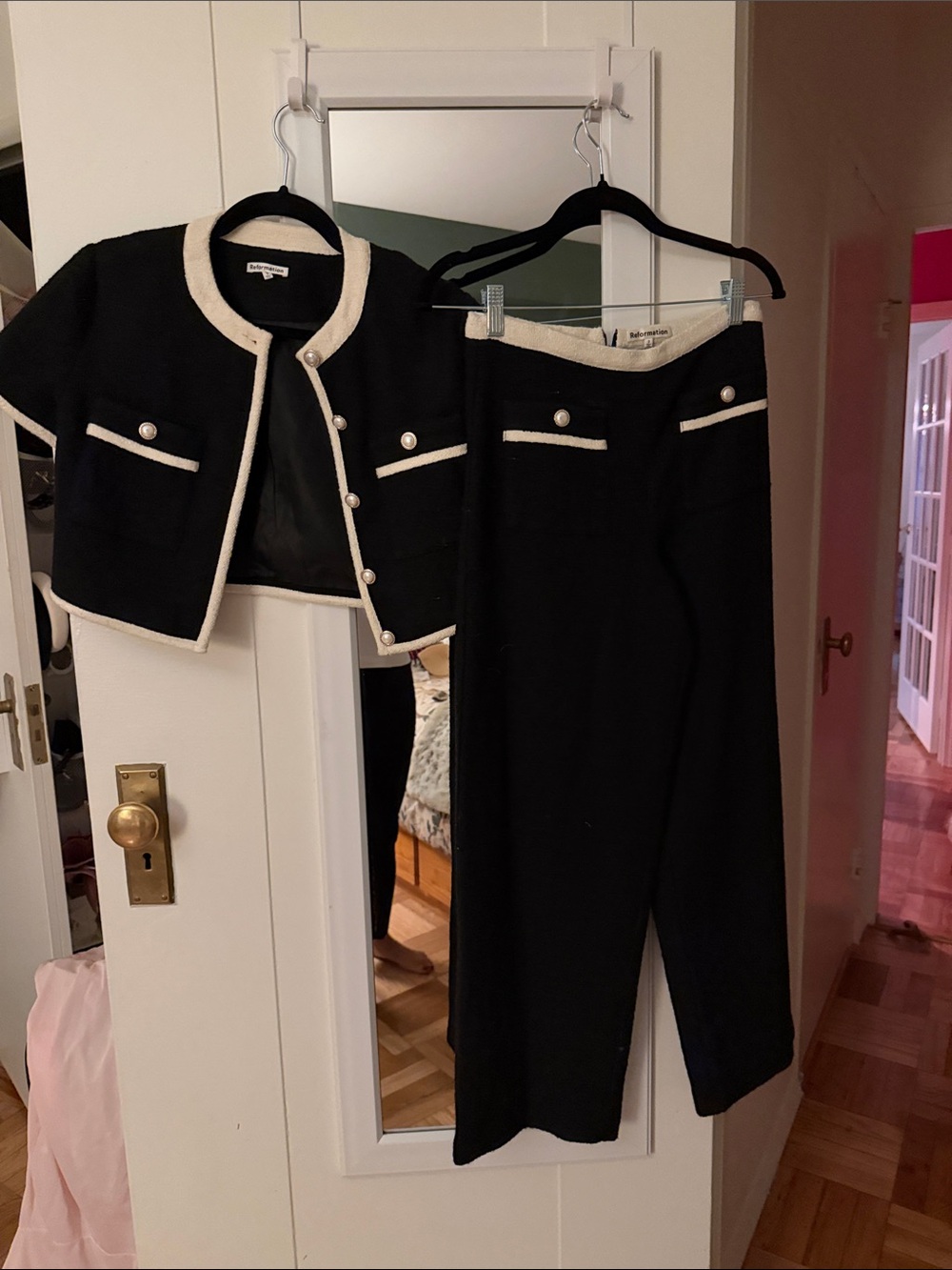 Reformation Blair Black and Cream Two-Piece Cropped Jacket & Trousers Set